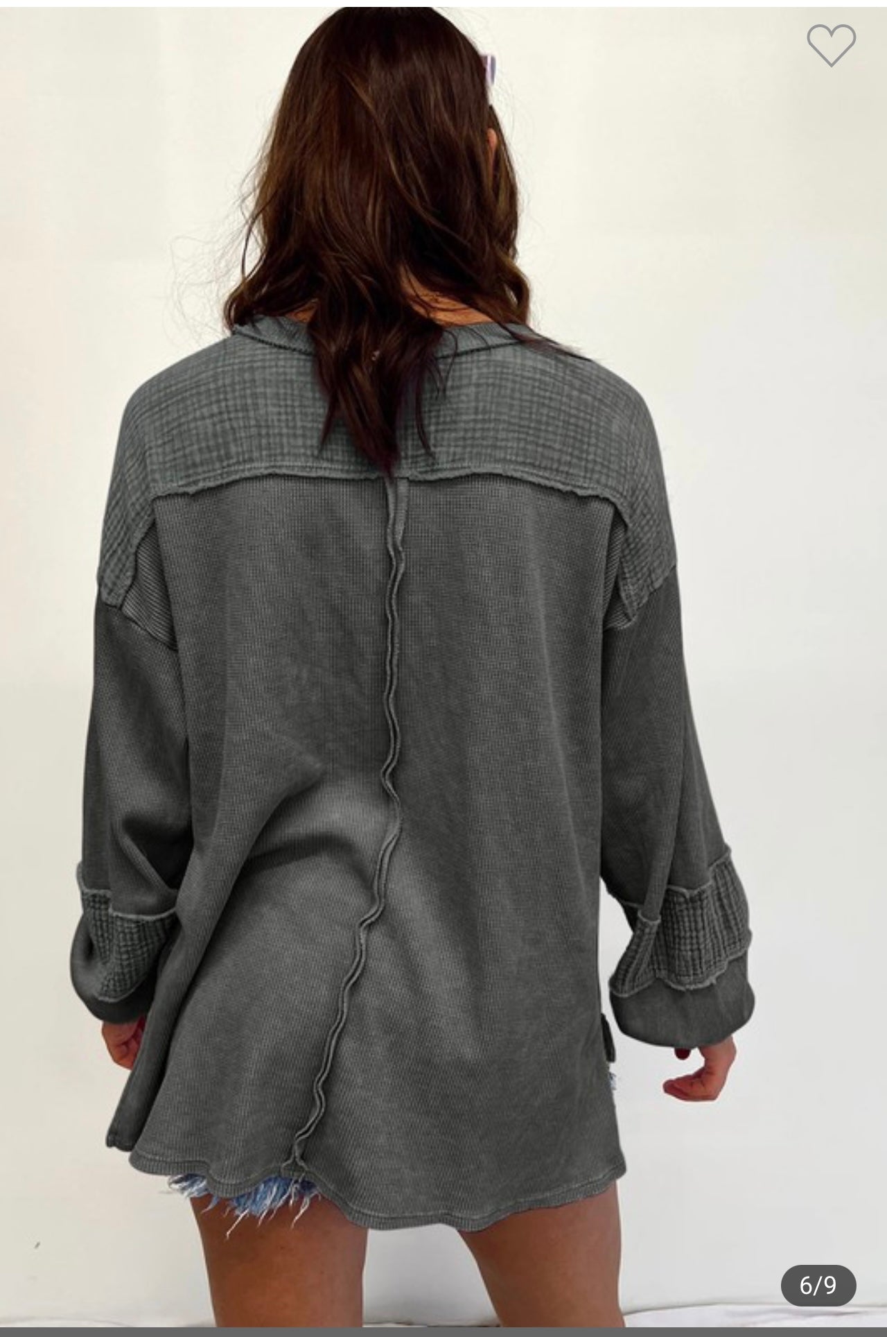 Gray exposed seam patchwork bubble waffle knit top 