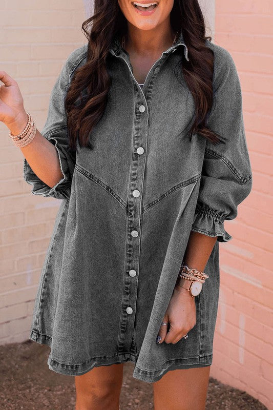 Grey Buttoned Long Sleeve Denim Mini Dress