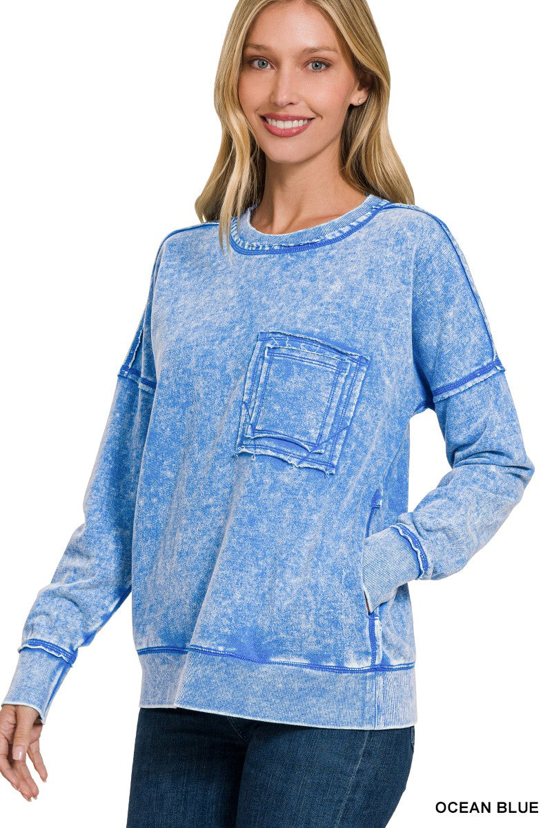 OCEAN BLUEFRENCH TERRY WASHED RAW EDGE FRONT POCKET PULLOVER