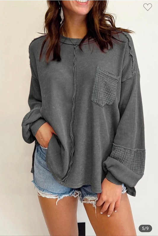 Gray exposed seam patchwork bubble waffle knit top ￼￼